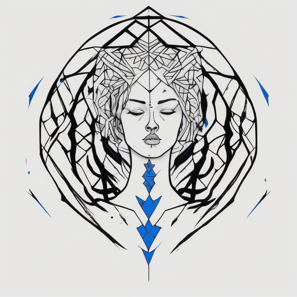 A minimalist tattoo that represents a shattered and betrayed gemini woman who fought hard throughout this year. With colors blue and black. Make it unique and rare. Without leaves and stem. half sleeve tattoos for men, diseño de tatuaje Blackwork generado con IA